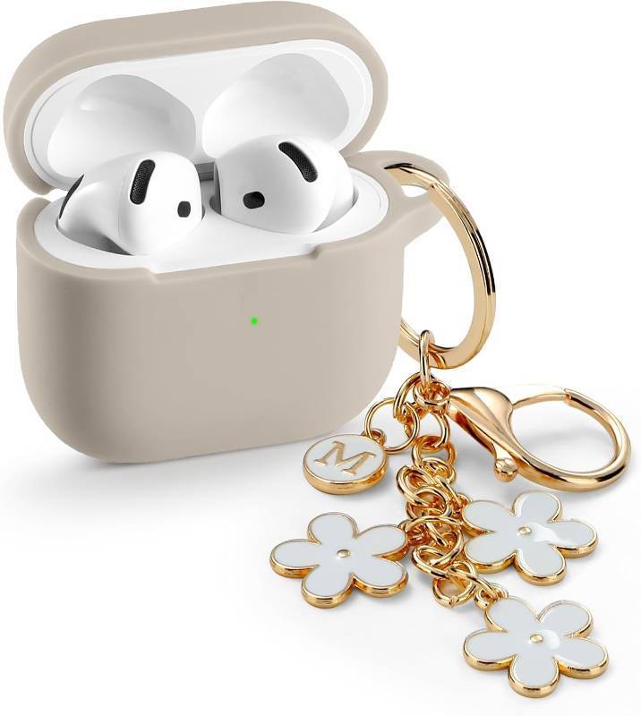 lot 11135 image: Maxjoy for Apple Airpods 4th Generation Case Cover(2024), Silicone Case with Cherry Blossom Ornament Keychain Compatible with Airpods 4 case for Women,Men-Starlight