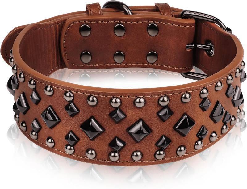 lot 12210 image: Premium Faux Leather Spiked Dog Collar with Square Studs Stylish and Durable Design, Comfortable Fit for Small, Medium, & Large Dogs - Ideal for Everyday Walks, Training Brown L
