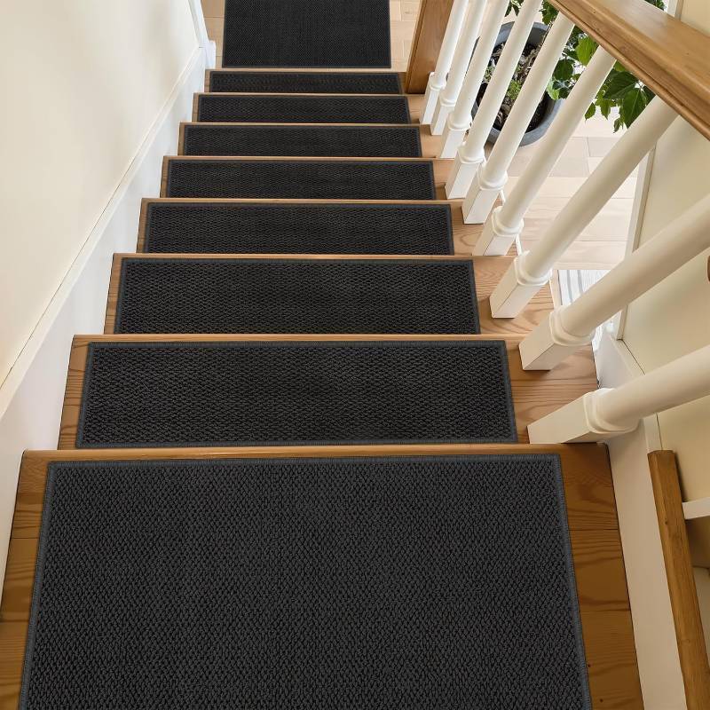 lot 13154 image: Stair Treads for Wooden Steps Indoor - 10 Pack 8 x 30 Non-Slip Carpet Stair Runners Washable Reusable Adhesive Indoor Stairs Tread Rug Stain Resistant Edging Staircase Mat for Kids and Pets Black