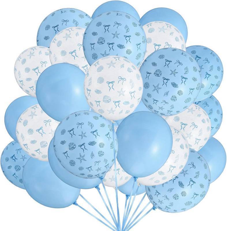 lot 13194 image: 45 Pcs 12 Inch Seashell Latex Balloons Summer Beach Party Decorations, Blue Bow Starfish Seashell Ocean Coastal Balloons for Under The Sea Wedding Birthday Theme Party Decor