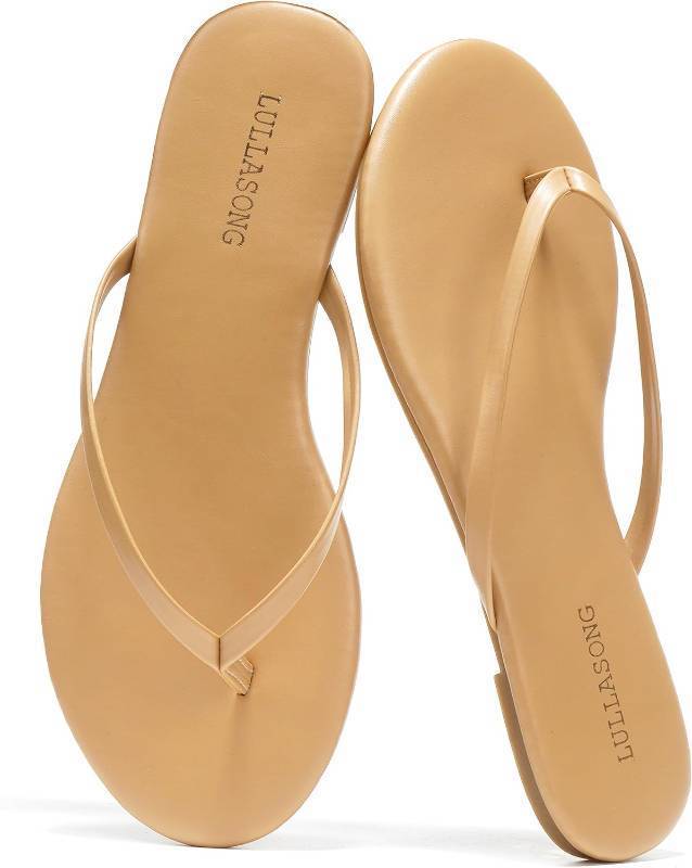 lot 12322 image: LULLASONG Flip Flops For Women Comfortable Round Toe Beach Sandals Thong Strap Slides Slip On Dressy Flats Sandals For Women SIZE 6