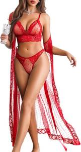 lot 1086 image: Avidlove Sexy Lingerie Set for Women 3 Piece Lingerie Robe Set Sheer Polka Dot Robe with Bra and Panty SIZE XL