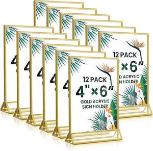 lot 1097 image: 4x6 Gold Acrylic Sign Holder, 12 Pack Wedding Table Number Holder Stands with Vertical Gold Borders, Double Sided Picture Frame Paper Stand, Clear Photo Display Menu Holder for Party, Home, Restaurant