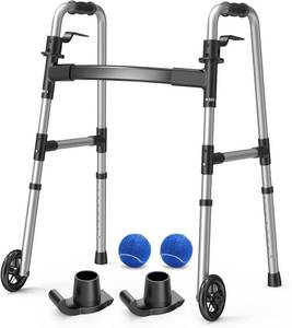 lot 1108 image: Loyoda Folding Walker with 2 Precut Tennis Balls, 5 Wheels Lightweight Walkers for Seniors and Adults, Supports Up to 350 Pounds, Adjustable Height, Compact Standard Walker