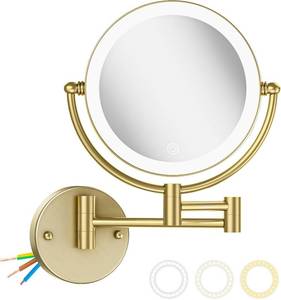 lot 1117 image: Lighted Makeup Mirror 10x Magnification Wall Mount, Hard Wired Double Sides 3 Color Lighting Touch Dimming, 360 Swivel Extended Arm Shaving Mirror for Bathroom, Satin Brushed Gold