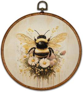 lot 1127 image: BCUANGD Vintage Bee Round Wall Art Decor - Retro Bumblebee Flower Wall Art Canvas Frame Artwork Prints, Neutral Cottagecore Wildflower Round Wall Hanging Decorations for Home Farmhouse, 10x10