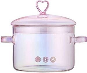 lot 1136 image: Pink Glass Saucepan with Lid and Handle, 1.5L50oz Glass Cooking Pot, Safe for Pasta, Soup, Milk, Baby Food