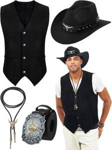 lot 1140 image: Cutecrop 4 Pcs Western Cowboy Outfits for Men Suede Leather Vest Hat Bolo Tie Belt for Western Halloween Cosplay