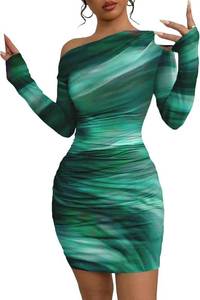 lot 1153 image: Acelitt Off the Shoulder Dress for Women 2026 Tie Dye Mesh Long Sleeve Ruched Bodycon Cocktail Party Mini Dresses COLOR IS RED, Size Large