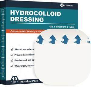 lot 1155 image: Ceeport 10 Pack Hydrocolloid Wound Dressing, 4 x 4 Ultra Thin Hydrocolloid Bandages with Self-Adhesive, Waterproof Hydrocolloid Patch for Bed Sore, Mild Burn, Blister, Acne Care