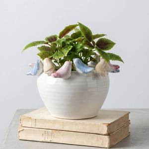 lot 1164 image: ZSHAWN Stoneware Planter with Colorful Birds on Rim, Reactive Glaze Decorative Flower Pot for Indoor Plants, Vintage Cottagecore Bird Planter, Ceramic Pot for Succulents, Tabletop Home D cor Accent