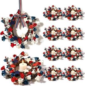 lot 1171 image: 8 Pcs Mini 4th of July Candle Ring Wreaths Patriotic Red White and Blue Artificial Pillar Candle Holder Wreath for Farmhouse Independence Day Memorial Day Porch Front Door Cabinets Table Decoration