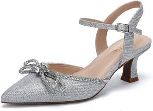 lot 1177 image: Wide Width Kitten Heels for Women Rhinestone Bow Pointed Closed Toe Pumps Ankle Strap Wedding Bridal Party Dress Shoes Size 9.5