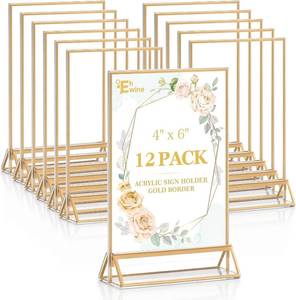 lot 1275 image: EHWINE 12 Pack Acrylic Sign Holder 4 x 6, Double Sided Gold Picture Frame Stand up Table Top Sign Holders, Clear Display Stand Menu Flyer Holder for Wedding Party