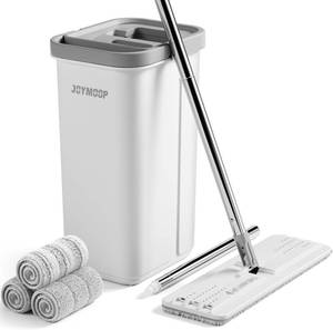 lot 1287 image: JOYMOOP Flat Mop System with Wringer Bucket, White, Microfiber Floor Cleaning Set for Wet and Dry Use, 60 Handle with 3 Reusable Pads