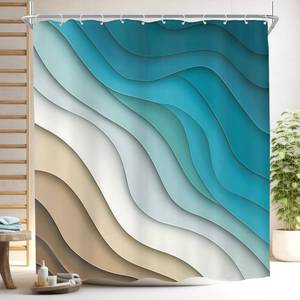 lot 1290 image: KOMLLEX Teal Beach Shower Curtain 72Wx72H Inches Abstract Aqua Blue Ocean Waves Blue Brown Ombre Seascape Minimalist Bathroom Decor Summer Fabric Waterproof Polyester 12 Pack Hooks