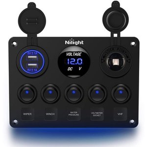 lot 1294 image: Nilight 5 Gang Multi-Function 5 Gang Rocker Dual USB Charger  Digital Volmeter 12V Outlet Pre-Wired Switch Panel with Circuit Breakers for RV Car Bo