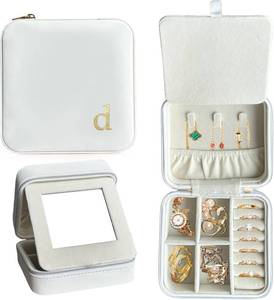 lot 1299 image: COLLECTIVE HOME - Travel Jewelry Case, Elegant Square Design with Gold Engraved Monogram, Built-in Mirror, Personalized Accessory Organizer for Rings, Necklaces, Gift for Women and Teens (d)