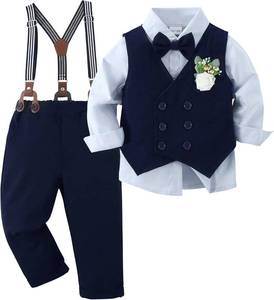 lot 1323 image: YALLET Toddler Baby Boy Clothes Suit Gentleman Wedding Outfits, Formal Dress ShirtBowtieVestBoutonniereSuspender Pants Size 2T-3T