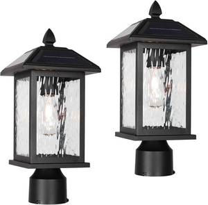 lot 17063 image: 2 Pack Solar Outdoor Post Lights Fixture Dusk to Dawn Modern Exterior Pillar Lantern with Black Finish &amp Water Ripple Glass Waterproof Outside Pole Lights for Garden, Backyard, Courtyard - Retail $89.99