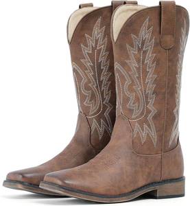 lot 17072 image: IUV Cowboy Boots For Women Square Toe Wide Western Boots Mid Calf Cowgirl Boots Pull On Embroidered Brown Cowboy Boots Size 5