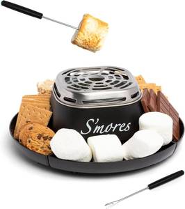 lot 1050 image: Nostalgia Tabletop Indoor Electric Smores Maker - Smores Kit With Marshmallow Roasting Sticks and 4 Trays for Graham Crackers, Chocolate, and Marshmallows - Movie Night Supplies - Black