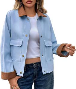 lot 1052 image: Oymyakon Women Cropped Jacket Contrast Collar Utility Coat Button Down Barn Jacket Fall Casual Cargo Jackets Outwear Blue Brown Size Large