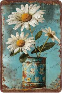 lot 1073 image: Metal Signs White Daisy Flower Vintage Metal Tin Sign for Home Office Kitchen Bar Cafe Garden Farmhouse Wall Decor 12x8 Inch