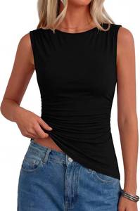 lot 17045 image: PRETTYGARDEN Boat Neck Tops for Women 2026 Spring Asymmetrical Sleeveless Slim Fit Blouses Summer Going Out Ruched Tank Top XL