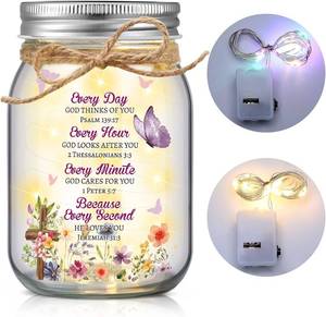 lot 1201 image: Christian Mason Jar Gift for Women Christian Bible Verse Friendship Birthday Gift Lighted Mason Jar with 2 Pcs LED Home Table Centerpiece Decoration for Bestie BFF(Bible)