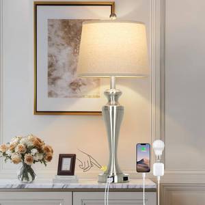 lot 1208 image: 30 Inch Single Silver Table Lamp, 3-Way Dimmable Touch Bedroom Lamp with USB AC Ports and AC Outlet, Modern Metal Brushed Nickel Living Room Lamp, Bedside Lamp for Nightstand Guest Room End Table