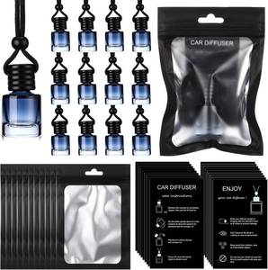 lot 1217 image: Boao 50 Sets Hanging Car Air Freshener Diffuser Bottles with Instruction Card and 4 x 6 Resealable Holographic Bag for Empty Car Essential Oil Perfume Bottles Packaging (Cylinder,Black)