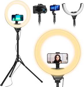 lot 1218 image: UBeesize 14 LED Foldable Ring Light with 62 Tripod Stand, Selfie Ring Light for Video Recording, Live Streaming, TikTok & YouTube, Compatible with iPhone & Android (Black)