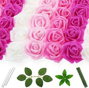 lot 1221 image: 100 Pcs 3 Inch Artificial Flowers Bulk 5 in 1 Set Faux Foam Fake Rose Head Wedding Decoration Bridal Shower Centerpiece Arrangement Wall Table Decor DIY Craft (4 Shades of Pink White)
