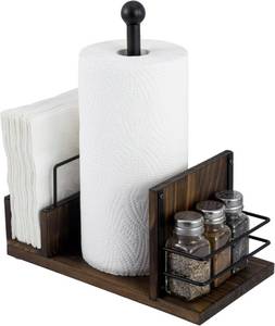 lot 1225 image: MyGift Rustic Burnt Solid Wood and Industrial Matte Black Metal Dining Combination Caddy with Paper Towel Roll Dispenser Stand, Napkin Holder, and Spice Rack