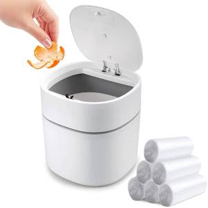 lot 10205 image: Mini Desk Trash Can with Lid with Trash Bags 180 pcs Press-Top 0.5 Gallon Tiny Countertop Waste Basket Small Table Top Plastic Covered Garbage Bin for Desk Top