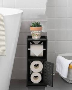 lot 10211 image: AOJEZOR Toilet Paper Holder Stand PVC Freestanding Bathroom Cabinet Storage for Apartment Dwellers - Slim Bathroom Storage - Black