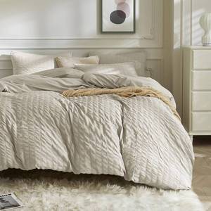 lot 17004 image: JELLYMONI Beige Duvet Cover Queen Size, 3pcs Washed Microfiber Bedding Set, Soft Breathable Seersucker Duvet Cover Set with Zipper Closure and Corner Ties for All Seasons