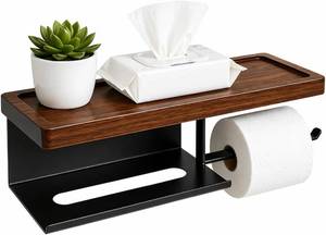 lot 17015 image: Black Toilet Paper Holder with Shelf, 14.17 Solid Wood Self Adhesive Toilet Paper Holder Wall Mount, for Small Bathroom, Washroom, RV, Rustic Farmhouse, Fits Mega Rolls, Space Saving, No Drilling