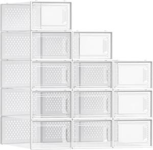 lot 10229 image: SONGMICS Shoe Boxes, Pack of 12 Shoe Storage Organizers, Stackable Clear Plastic Boxes for Closet, Sneakers, 13.1 x 9.1 x 5.6 Inches, Transparent and White ULSP12SWT