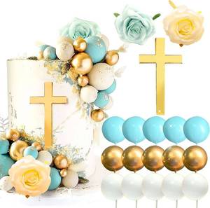 lot 10242 image: LaVenty Cross Cake Decoration Blue White Cake Topper Rose Palm Leaves Cake Decoration Baptism Baby Shower Wedding Party Supplies