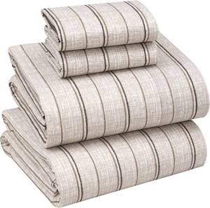lot 10251 image: RUVANTI 100% Cotton Percale Sheets Queen Size   Crisp Cooling Bed Sheets for Hot Sleepers, Deep Pocket 16 , Soft Breathable & Durable Hotel-Style 4 Piece Set, Brown Stripes