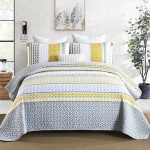 lot 10262 image: DJY Yellow Quilt Set Queen Size, Boho Yellow Grey Striped Bedspread Coverlet Set Soft Microfiber Patchwork Quilt Bedding Set 3 Pieces for All Season
