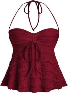lot 17107 image: SHENHE Womens Babydoll Cami Tops Halter Neck Lace Trim Sleevless Flowy Tube Cute Summer Peplum Going Out Tops, Size XS