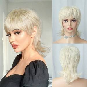 lot 17110 image: Short Blonde 613 Platinum Shaggy Layered 80s Mullet Pixie Wig with Bangs Wolf Cut Curly 90s Synthetic Funny Fake Fun Hair Replacement Wigs for White Women Daily Party Cosplay Halloween Costume Use