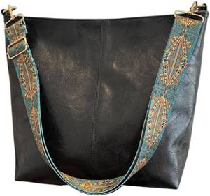 lot 17111 image: Vegan PU Leather Crossbody Hobo Bag with Zipper Black Stylish Shoulder Purses for Women Wide Guitar Strap Tote Bucket Bag for Working, Shopping, Traveling, Meeting, Daily Use