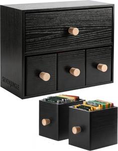 lot 17114 image: Tea Drawer Organizer for Tea Bags and Coffee Bar Supplies Black Wooden Tea Box with 4 Pull Out Drawers for Countertop Pantry Breakroom and Kitchen Tea Station