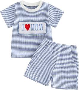 lot 17137 image: Toddler Baby Boy Mothers Day Outfit I Love Mom Embroidery Waffle Knit T Shirt Shorts Set Cute Summer Clothes