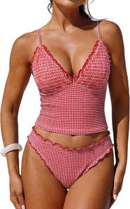 lot 17170 image: ZAFUL Tankini Swimsuits for Women Ruffle Trim Textured High Cut Tankini Set Two Piece Bathing Suits, Size Medium