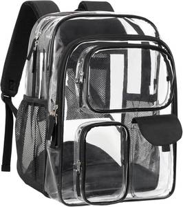 lot 17176 image: PACKISM Clear Backpack for School - 18 Inch Extra Large Heavy Duty Clear Bookbag for Boys, See Through PVC Transparent School Backpack with 3 Front Pockets, Black (Age 12)